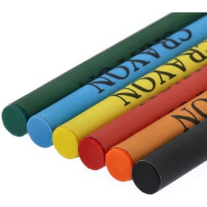A set of five crayon sticks in green, blue, yellow, red, and black, featuring branding on the sides.