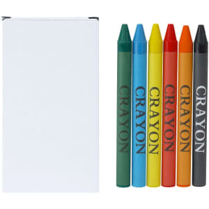 A box containing six crayons in green, blue, yellow, red, orange, and black next to a blank white notepad.