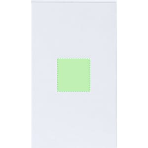 A white notepad featuring a green square design. It has a clean, minimalist look.