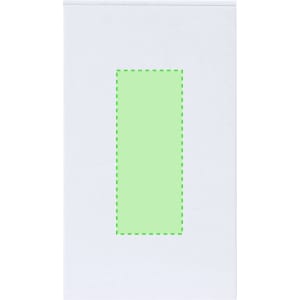 A white notepad with a green rectangular area in the centre. It features a simple design and has a logo.
