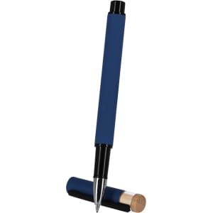 A blue Prucek Roller pen with a black nib and a wooden cap, featuring a logo on the barrel.