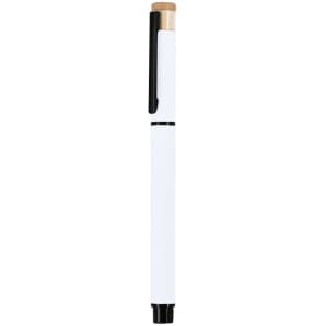 A white pen with a black clip and a wooden top. Features a branding logo.