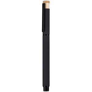 A black pen with a bamboo accent and black clip, featuring a sleek and minimalist design.