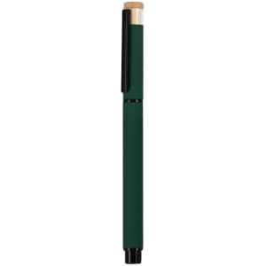 A green pen with a black clip and a bamboo top. It features a brand logo on the side.