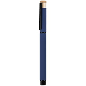 A blue pen with a bamboo top and a black clip. The pen has a sleek, minimalist design and features a logo.
