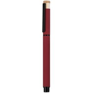 A burgundy pen with a bamboo top and a black clip, featuring a sleek design and a logo.