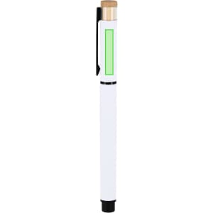 A white pen with a black clip and green accent, featuring a wooden top. It also has a logo.