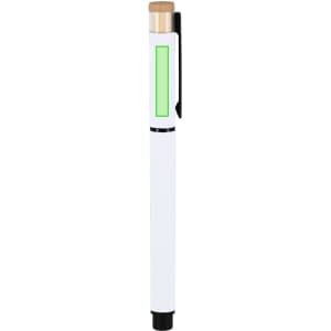 A white pen with a green accent and a wooden cap, featuring a black clip and a rounded tip.