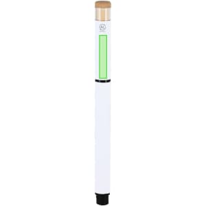 A white roller pen with a green section and a wooden cap, featuring a logo near the top.