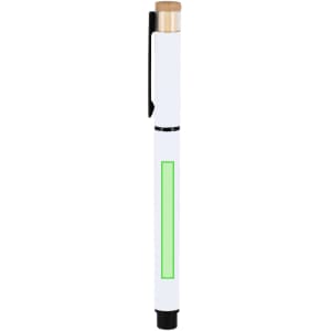 A white pen with a black clip and a green accent, featuring a wooden tip and a logo.