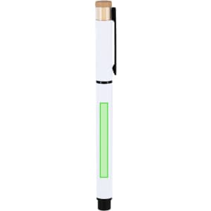 A white pen with a black clip and a green highlight section, featuring a wooden cap on one end.