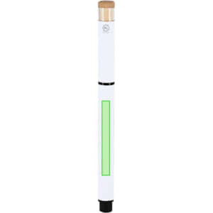 A slim white roller pen with a bamboo top, featuring a vibrant green highlighting section and a logo.