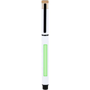 A white pen with a black top and a green highlight, featuring a logo on the body.