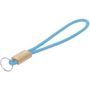 A blue keyring with a wooden accent and a metal keyring attachment.