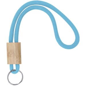 A walnut keyring featuring a natural wood block and a blue rope loop. It includes a silver keyring attachment.