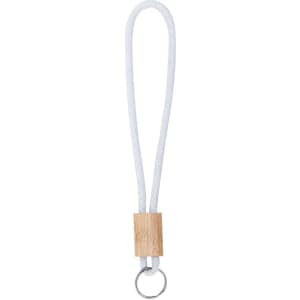 A white keyring with a wooden accent and a metal ring, designed for attaching keys or small items.