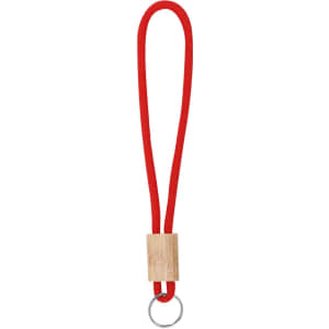 A red keyring with a wooden accent and a metal ring at the end, designed for holding keys.
