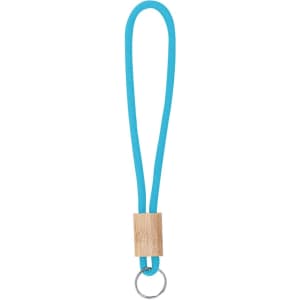 A blue keyring with a wooden accent, featuring a metal keyring loop. Simple and sleek design.