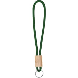 A green keyring with a wooden accent and a metal ring for attaching keys.