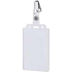 A clear, plastic ID badge holder with a metal clip for attachment. Suitable for exhibitions and events.