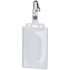 A clear plastic ID badge holder with a clip at the top for attachment. Ideal for exhibitions and events.