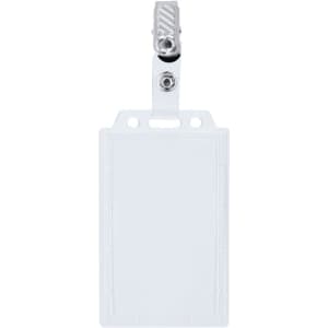A white ID badge holder with a silver clip for attachment, featuring a clear front and a sleek design.