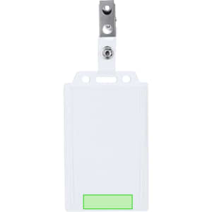 A white ID badge holder with a green accent, featuring a metal clip for attachment and a clear front.