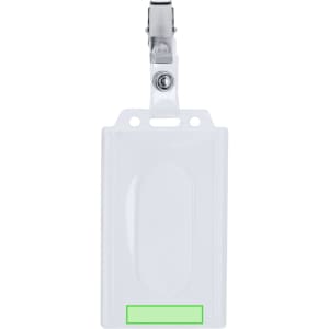 A clear plastic ID badge holder with a clip and a green bottom section, designed for exhibitions and events.
