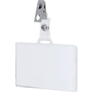 A clear, rectangular badge holder with a metal clip for attachment. Features a logo on the clip.