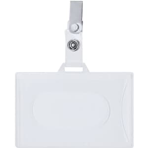 A transparent white badge holder with a metal clip for attachment. The holder is rectangular in shape.