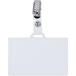 A clear plastic badge holder with a silver clip, designed for displaying identification at events.