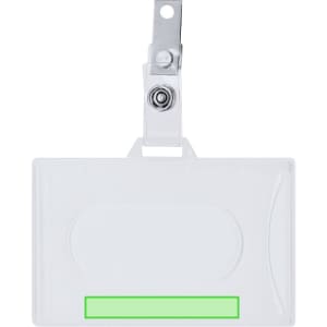 A clear badge holder with a green accent and metal clip for attachment. It features a sleek, minimal design.