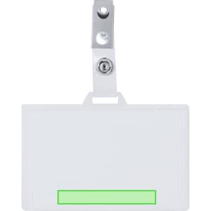 A clear plastic id badge holder with a silver clip and a green bottom section. It has a logo on the clip.