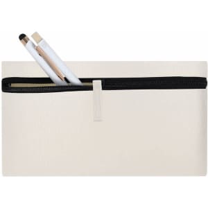 A cream toiletry bag with a black zipper, containing two makeup brushes. Features a branding logo.