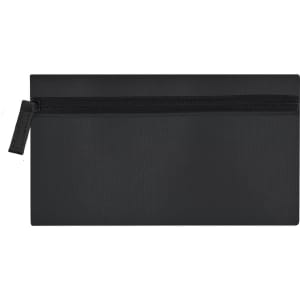 A black toiletry bag featuring a zip closure and a textured finish, with a subtle logo design.