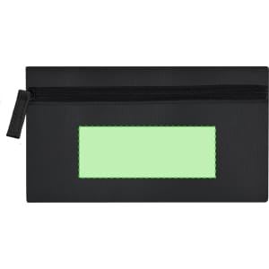 A black toiletry bag with a green stitched label area and a zip closure. Features a subtle textured pattern.