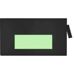 A black toiletry bag with a green blank patch and a zipper, featuring a tag for easy carrying.