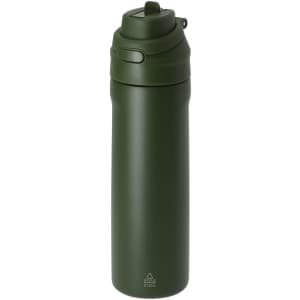 A drink bottle in matte olive green, featuring a spill-proof lid and a sleek, insulated design. It has a logo on the side.