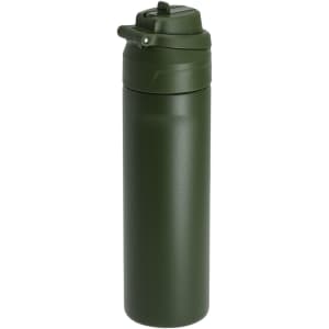 A drink bottle in a solid olive green colour, featuring a flip-top lid and a sleek design. It includes a logo.