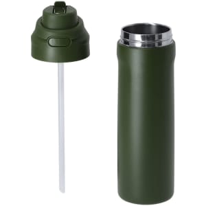 A drink bottle in olive green with a removable lid and straw, featuring a shiny stainless steel interior and a logo.