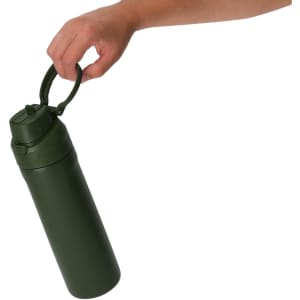 A drink bottle in an olive green colour featuring a handle and a screw-on lid, with a logo visible.