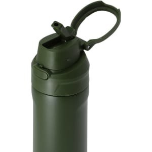 A drink bottle in olive green with a flip-top cap and a built-in spout, featuring a simple logo.