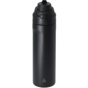 A drink bottle in matte black stainless steel with a secure lid and a logo.