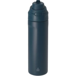 A drink bottle in a dark blue hue, featuring a secure flip-top lid and a sleek design. Includes a branding logo.