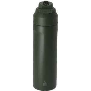 A drink bottle in a dark olive green colour featuring a screw-top lid and a logo.