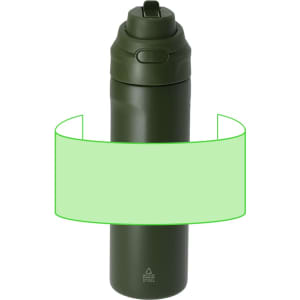 A drink bottle in olive green with a twist cap and a logo on the body. Ideal for insulated beverages.