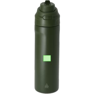 A drink bottle in olive green, featuring a textured lid and a logo on the body. It is designed for insulation.
