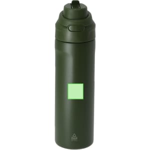 A drink bottle in olive green, featuring a sleek design and a logo on the body.