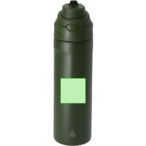 A drink bottle in dark green with a simple design and a logo on the body. It features a secure, flip-top lid.