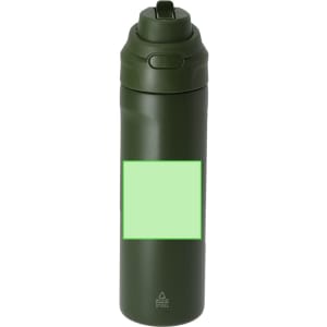 A drink bottle in matte olive green with a sleek design and a logo on the side.